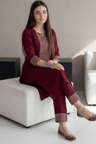 Red embroidered viscose rayon kurta trouser set