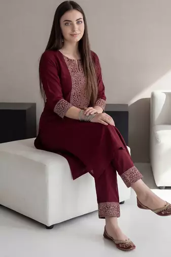 Red embroidered viscose rayon kurta trouser set