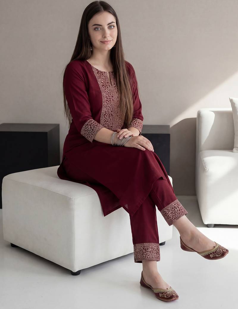 Red embroidered viscose rayon kurta trouser set