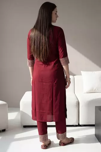 Red embroidered viscose rayon kurta trouser set