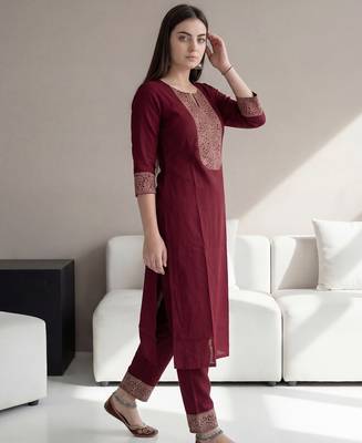 Red embroidered viscose rayon kurta trouser set 3