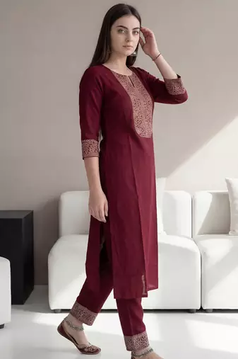 Red embroidered viscose rayon kurta trouser set