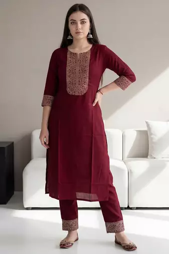 Red embroidered viscose rayon kurta trouser set