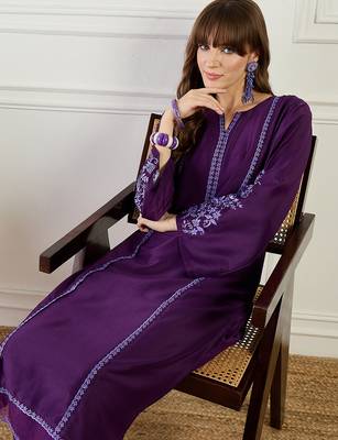 Purple embroidered silk kurta trouser set 1
