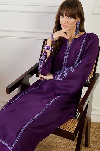 Purple embroidered silk kurta trouser set