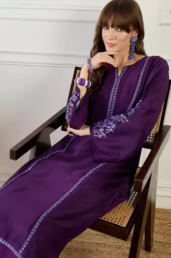 Purple embroidered silk kurta trouser set