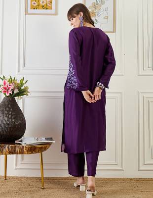 Purple embroidered silk kurta trouser set 2
