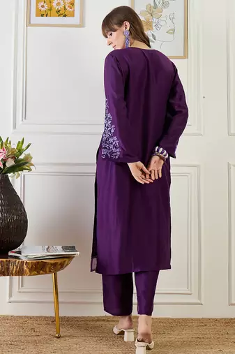 Purple embroidered silk kurta trouser set