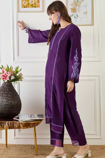 Purple embroidered silk kurta trouser set