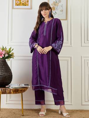 Purple embroidered silk kurta trouser set 4