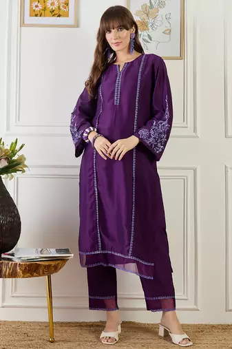 Purple embroidered silk kurta trouser set
