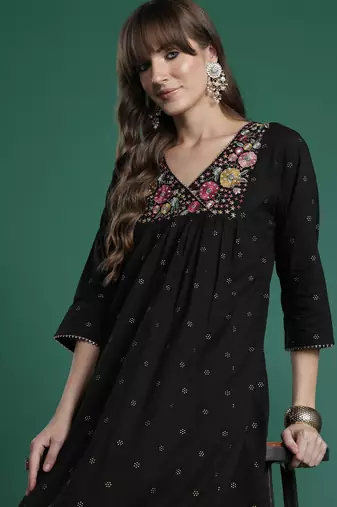 Black embroidered pure cotton kurta trouser set