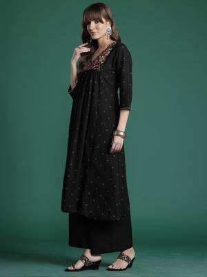 Black embroidered pure cotton kurta trouser set 3