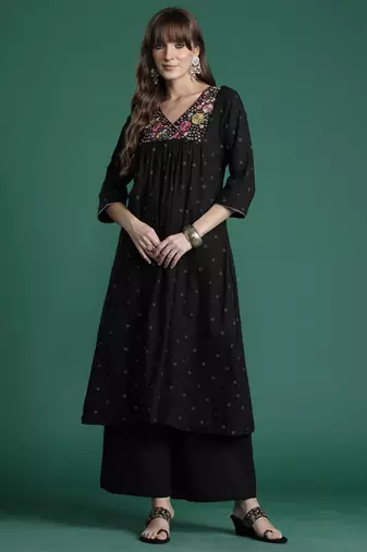 Black embroidered pure cotton kurta trouser set