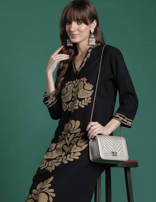 Black embroidered viscose rayon kurta trouser set 1