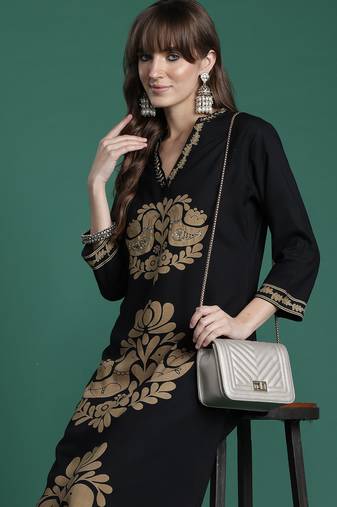 Black embroidered viscose rayon kurta trouser set
