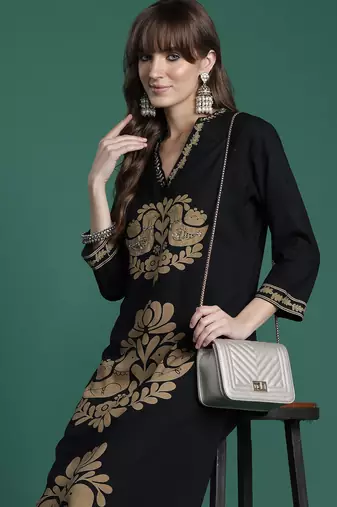 Black embroidered viscose rayon kurta trouser set