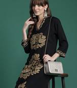 Black embroidered viscose rayon kurta trouser set