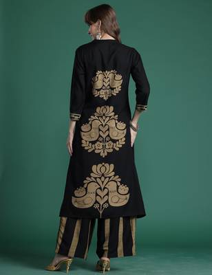 Black embroidered viscose rayon kurta trouser set 2