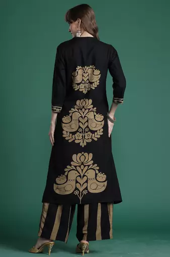 Black embroidered viscose rayon kurta trouser set