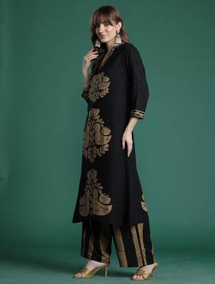 Black embroidered viscose rayon kurta trouser set 3