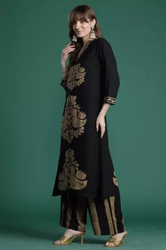 Black embroidered viscose rayon kurta trouser set
