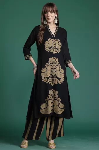 Black embroidered viscose rayon kurta trouser set