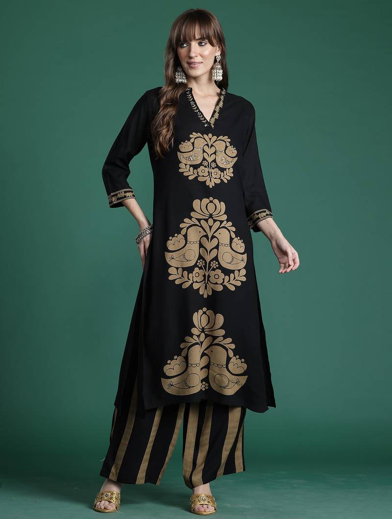 Black embroidered viscose rayon kurta trouser set