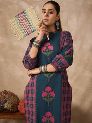 Teal printed pure cotton kurta trouser set 1