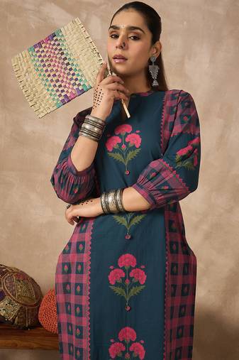 Teal printed pure cotton kurta trouser set