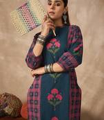 Teal printed pure cotton kurta trouser set