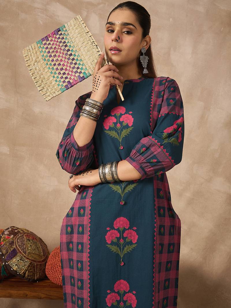 Teal printed pure cotton kurta trouser set