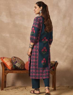 Teal printed pure cotton kurta trouser set 2