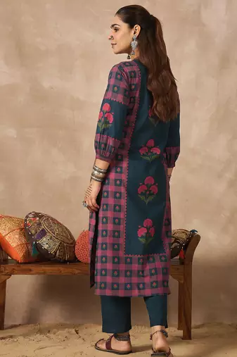 Teal printed pure cotton kurta trouser set