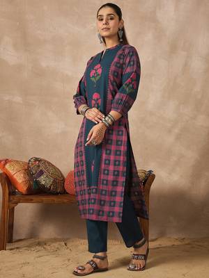 Teal printed pure cotton kurta trouser set 3