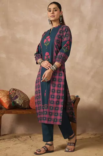 Teal printed pure cotton kurta trouser set