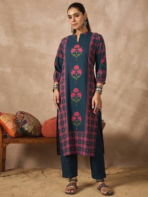 Teal printed pure cotton kurta trouser set 4