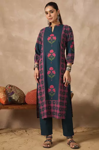 Teal printed pure cotton kurta trouser set