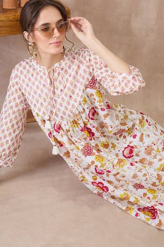White printed pure cotton kurta trouser set
