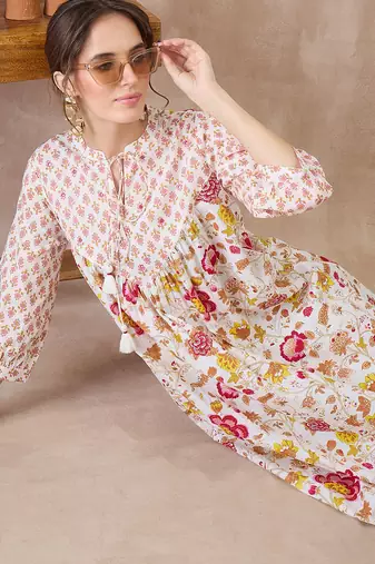 White printed pure cotton kurta trouser set