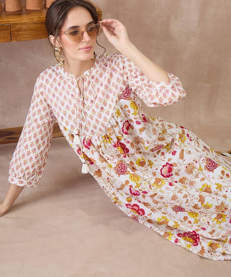 White printed pure cotton kurta trouser set