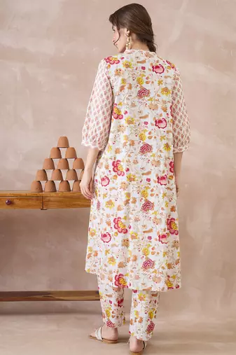 White printed pure cotton kurta trouser set