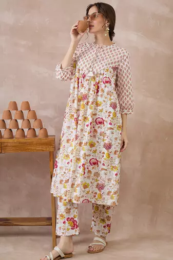 White printed pure cotton kurta trouser set