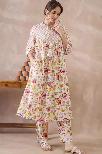 White printed pure cotton kurta trouser set
