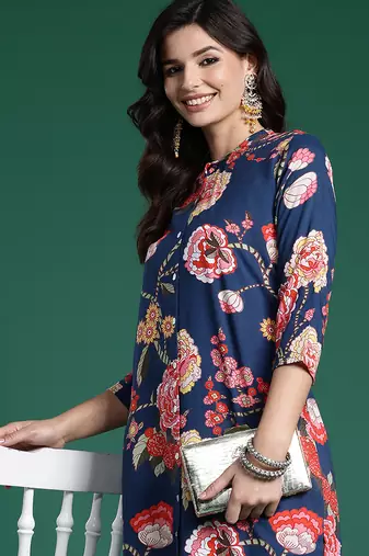 Blue printed viscose rayon kurta trouser set