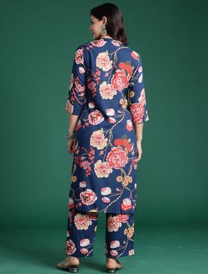 Blue printed viscose rayon kurta trouser set 2