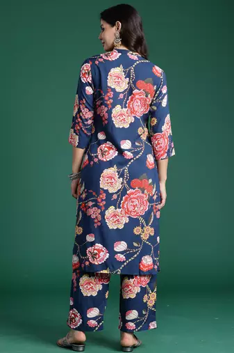 Blue printed viscose rayon kurta trouser set