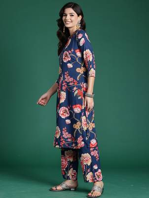Blue printed viscose rayon kurta trouser set 3