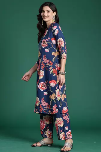 Blue printed viscose rayon kurta trouser set