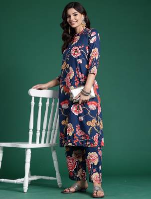 Blue printed viscose rayon kurta trouser set 4